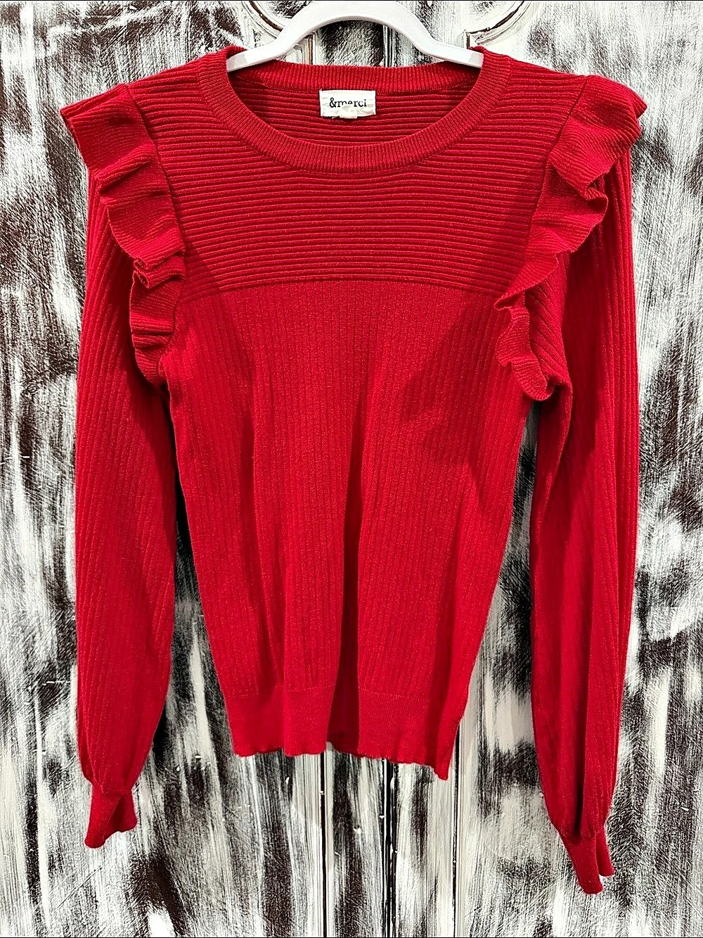 &merci Ribbed Knit Hand Sewn Ruffle Trim Sweater & Red